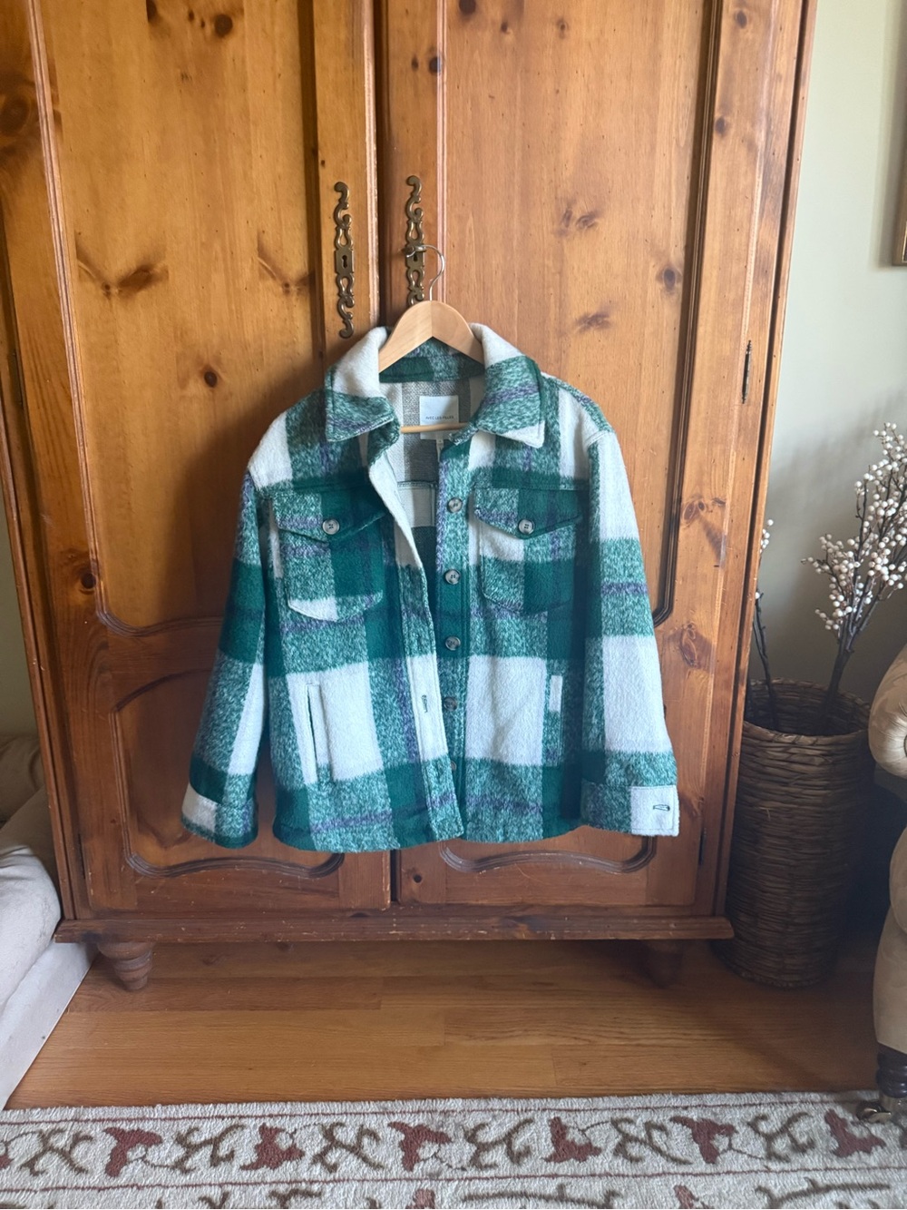 Avec Les Filles Green and White Plaid Shacket Jacket